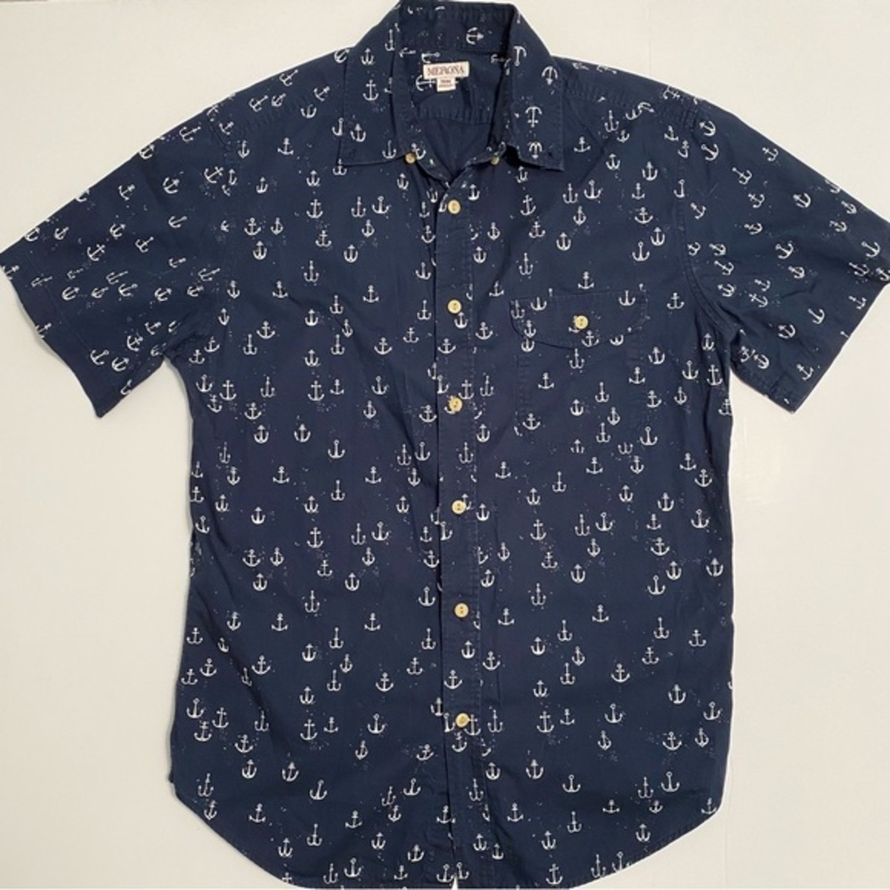Navy Anchor Print‎ Button Down Cotton Shirt M Coastal Fisherman Nautical Casual